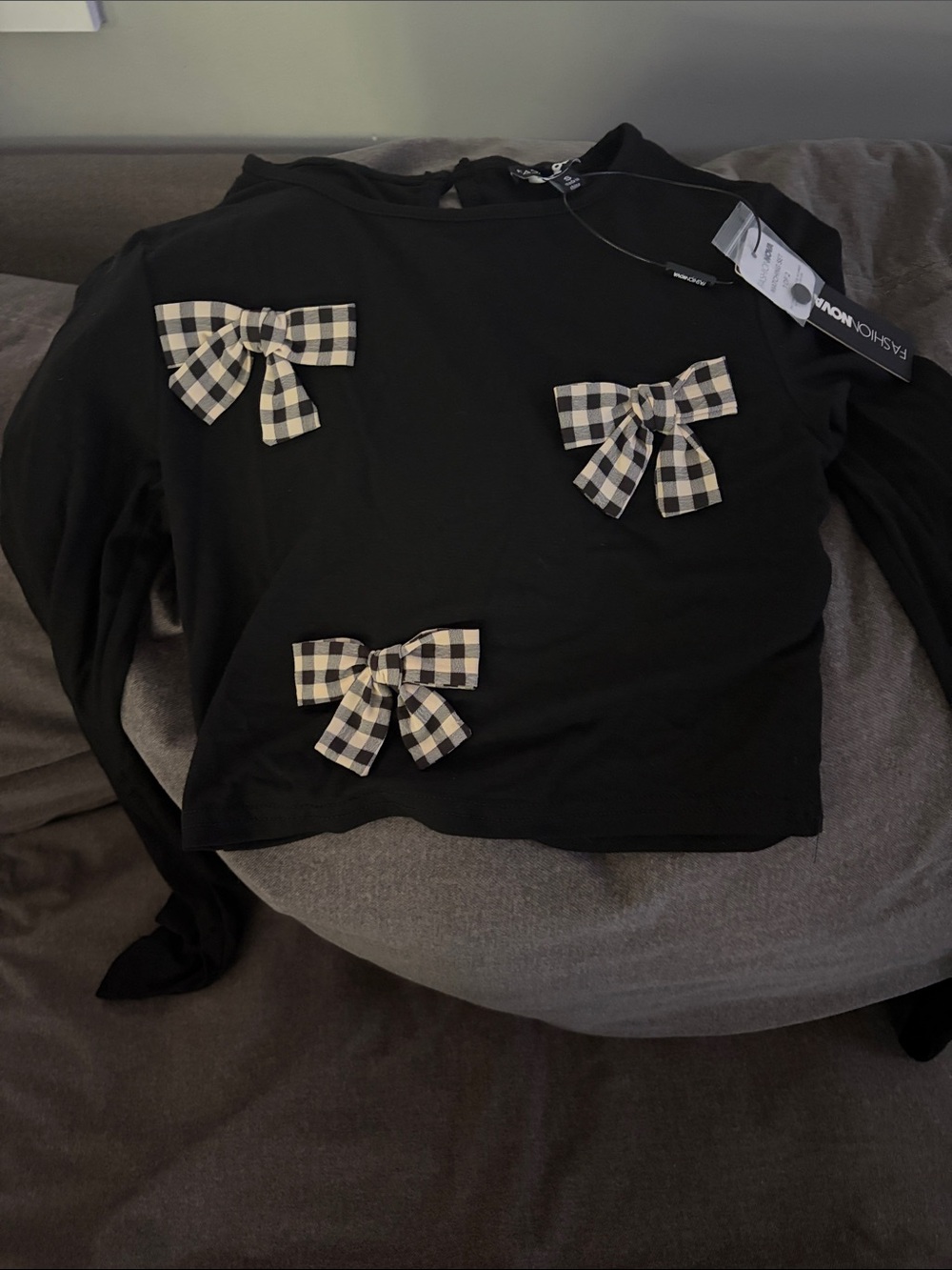 Fashion Nova Black Long-Sleeve Tee with Plaid Bow Accents